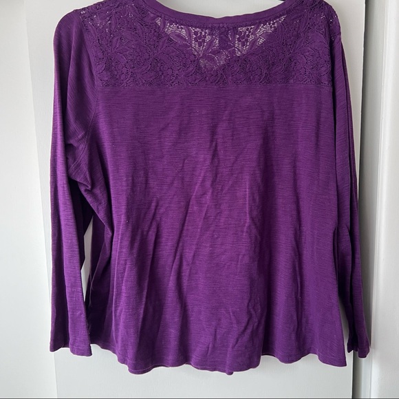 Deep purple long sleeve henley shirt with lace shoulder and neck line - Picture 3 of 4